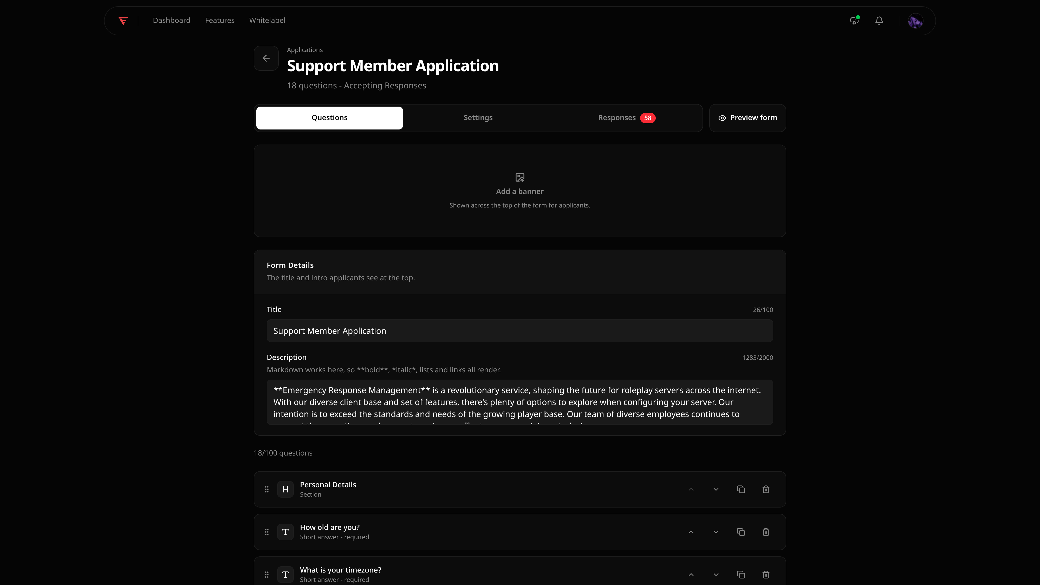 Applications in the ERM dashboard