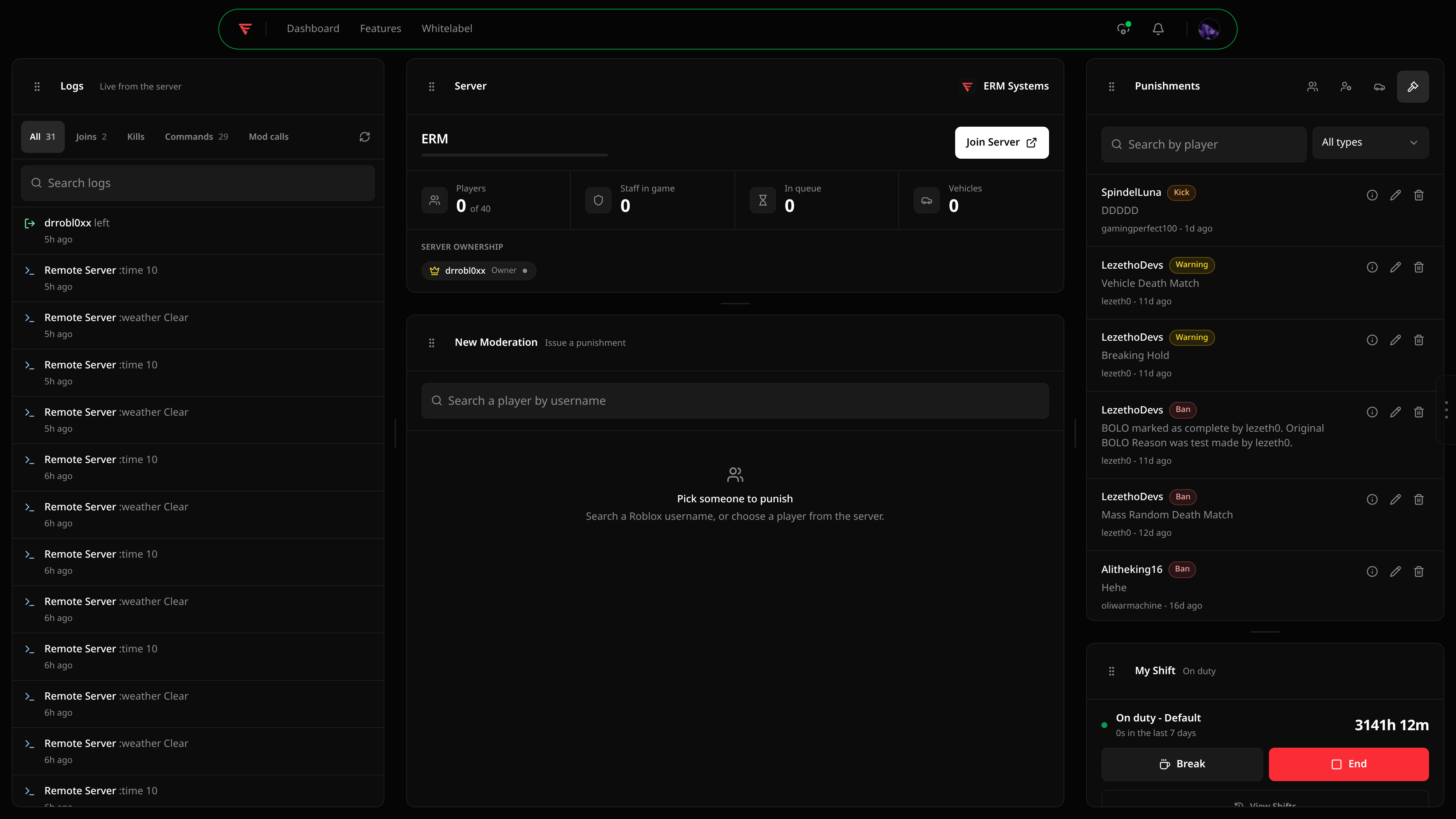 Moderator Panel in the ERM dashboard